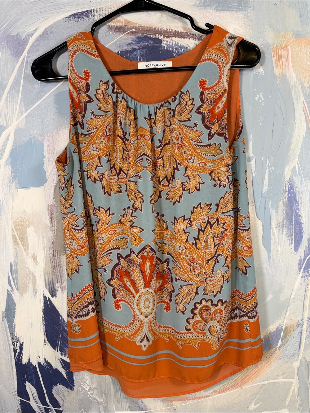 Rose + Olive Blue Orange Paisley Print Sleeveless Blouse Top M Boho